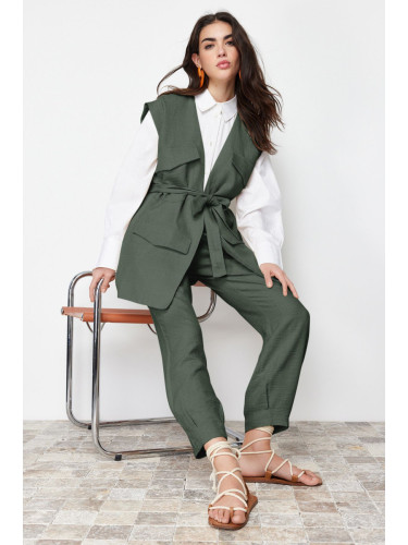 Trendyol Khaki Linen Look Vest Trousers Woven Bottom Top Set