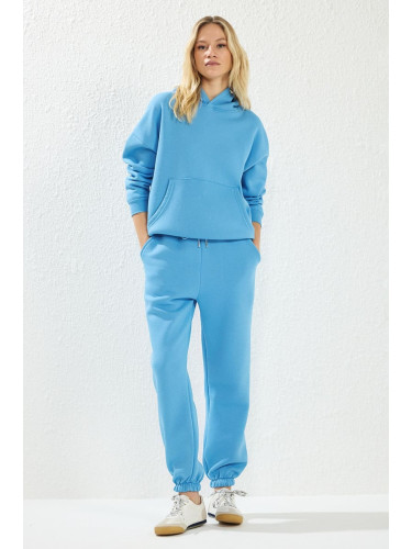 Trendyol Light Blue Thick Polar Fleece Hooded Oversize/Relaxed Cut Knitted Tracksuit