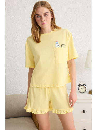 Trendyol Yellow Plain Ruffle Jersey Knitted Pajama Set