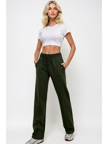 Trend Alaçatı Stili Women's Khaki High Waist Front Grass Wide Leg Double Pocket Tracksuit Bottoms