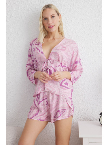 Trendyol Pink Ethnic Patterned Tie/Bow Detailed Viscose Woven Pajama Set