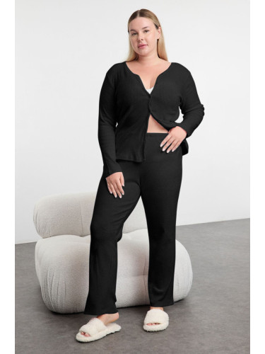 Trendyol Curve Black Brushed Soft Ribbed Cardigan Knitted Pajama Set