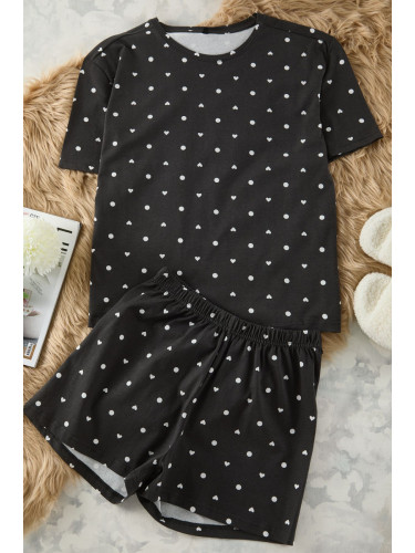 Trendyol Anthracite 100% Cotton Polka Dot and Heart Knitted Pajama Set