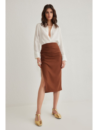 Trendyol Dark Brown Pleated Slit Detail Pencil Fit Midi Woven Skirt