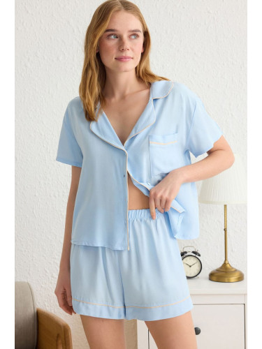 Trendyol Blue Plain Piping Shally Woven Pajama Set