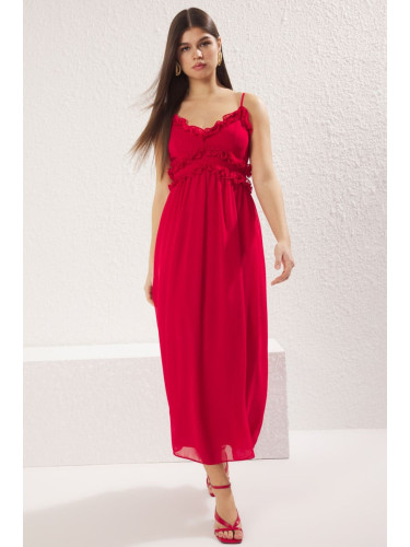 Trendyol Red Floral Ruffle Maxi Woven Dress with Opening Waist Skirt