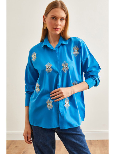 Olalook Women's Eye Sky Blue Sequin Detailed Woven Boyfriend Shirt