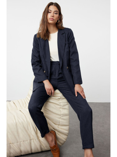 Trendyol Navy Blue Linen Look Woven Jacket Trousers Top-Bottom Set