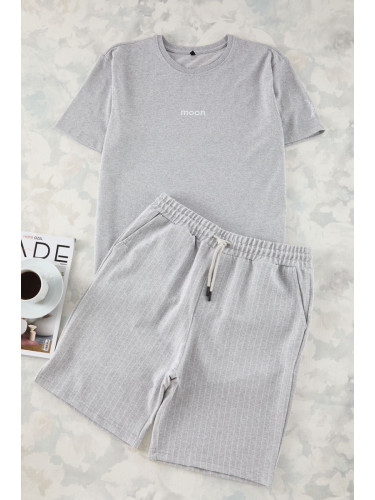 Trendyol Grey Regular Fit Printed / Striped Shorts Knitted Pajama Set