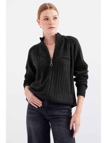 Bigdart 15880 Zippered Knitted Cardigan - Black