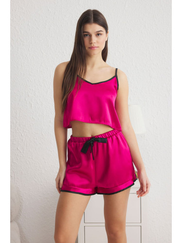 Trendyol Fuchsia Plain Piping Satin Woven Pajama Set