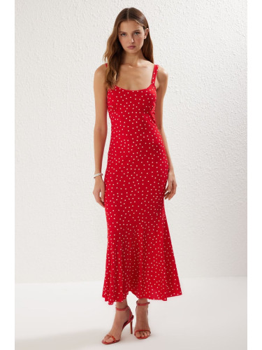 Trendyol Red Polka Dot Strappy Fitted Elastic Knitted Maxi Pencil Dress