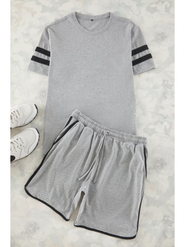 Trendyol Gray Regular Fit Sleeve Striped Knitted Shorts Pajama Set