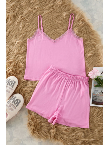 Trendyol Pink Lace Rope Strap Viscose Knitted Pajama Set