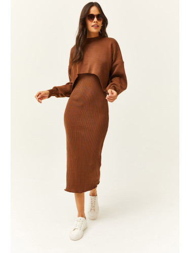 Olalook Women's Bitter Brown Top Crop Sweater Bottom Strap Dress Knitwear Suit