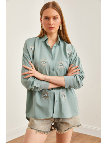 Olalook Women's Eye-Green Sequin Detailed Woven Boyfriend Shirt