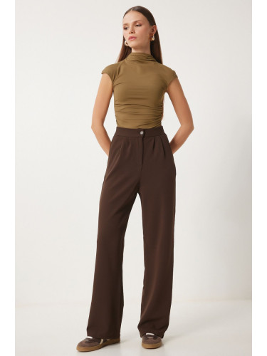 Happiness İstanbul Women's Brown Lycra Comfortable Palazzo Knitted Trousers