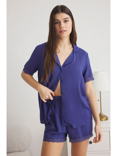 Trendyol Indigo Plain Lace Shally Woven Pajama Set