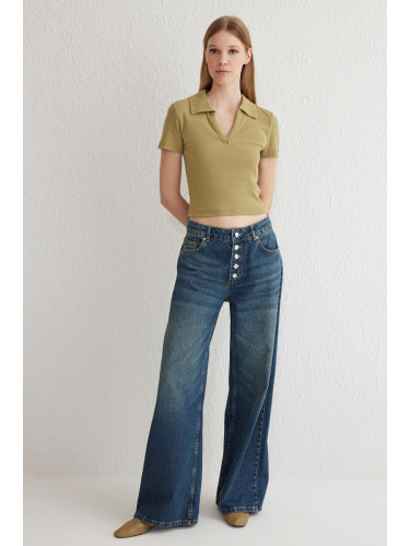 Trendyol Dark Blue Button Front Low Waist Wide Leg Jeans