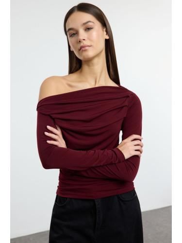 Trendyol Burgundy Gathered/Drape Detailed Fitted/Body-Smoothing Long Sleeve Flexible Knitted Blouse