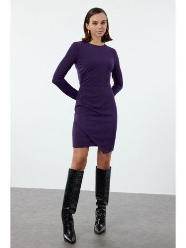 Trendyol Purple Straight Ruffle/Drape Detailed Bodycone/Fitting Mini Knitted Dress