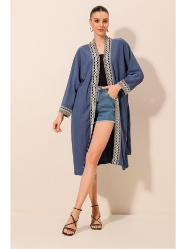 Bigdart 5865 Embroidered Knitted Long Kimono - Indigo