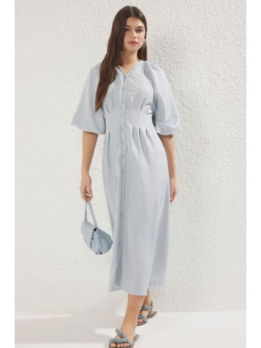 Trendyol Blue Belted Half Balloon Sleeve Linen Look Woven Shirt Dress