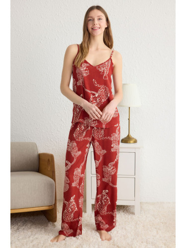 Trendyol Cinnamon Tiger Patterned Rope Strap Viscose Woven Pajama Set