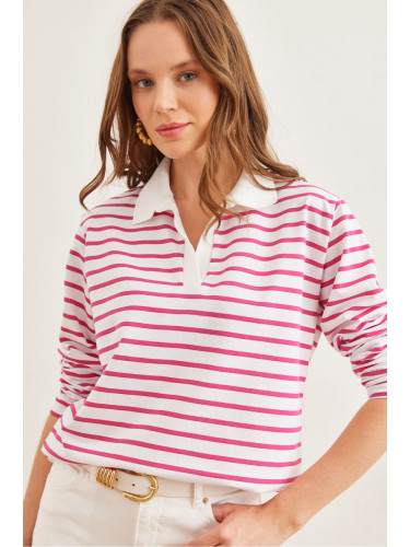 Olalook Women's Fuchsia Polo Collar Striped Sweatshirt