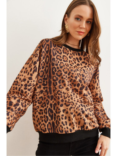 Olalook Women's Brown Leopard Basic Soft Texture Casual Sweatshirt