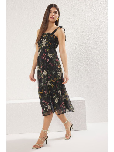 Trendyol Black Floral Patterned Gipel Midi Woven Dress