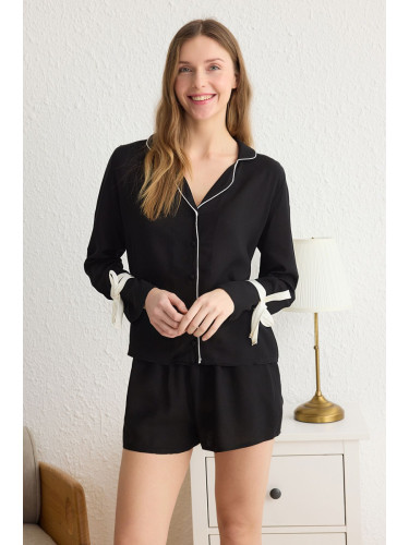 Trendyol Black Tie/Ribbon/Bow and Piping Detail Viscose Woven Pajama Set