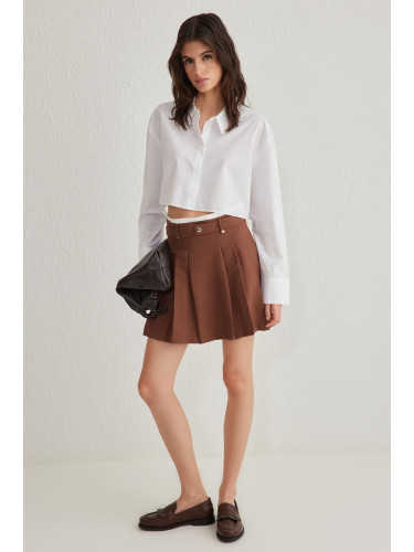 Trendyol Brown Couple Pleated Mini Woven with Belt Detail Skirt