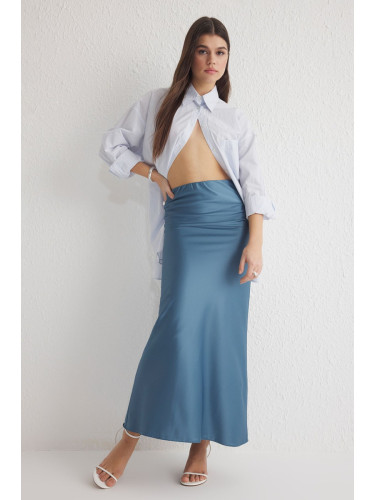 Trendyol Indigo Satin Fish Shape Maxi Length Woven Skirt