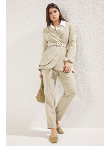 Trendyol Khaki Belted Crepe Lined Jacket Trousers Woven Bottom Top Set