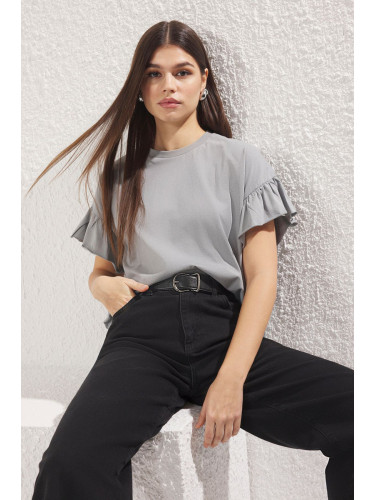 Trendyol Gray 100% Cotton Ruffle Detailed Basic Crew Neck Knitted T-Shirt