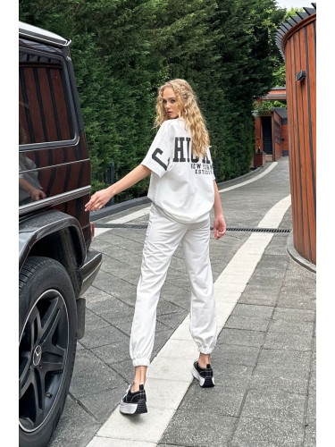 Trend Alaçatı Stili Women Ecru Crewneck Printed T-Shirt And Jogging Tracksuit Set