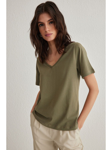 Trendyol Khaki 100% Cotton Basic V Neck Knitted T-Shirt