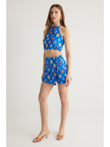 Trendyol Dark Blue Halter Neck Woven Blouse and Mini Shorts Skirt Patterned Woven Bottom-Top Set