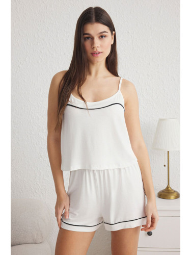 Trendyol White Piping Detail Rope Strap Viscose Knitted Pajama Set