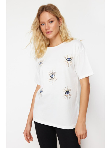 Trendyol White Printed Relaxed/Comfortable Cut Evil Eye Beaded Knitted T-Shirt