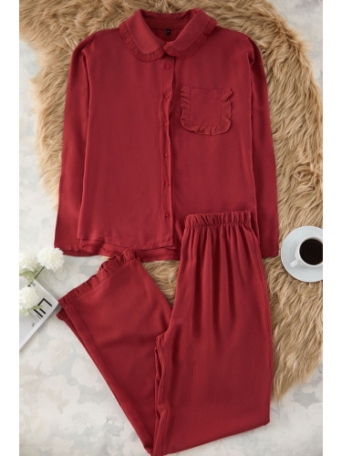 Trendyol Burgundy Ruffle Pocket Detail Viscose Woven Pajama Set