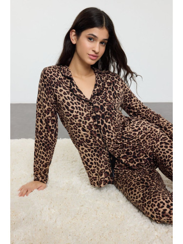 Trendyol Brown Leopard Patterned Ribbon/Bow Tie Knitted Pajama Set