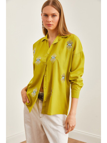 Olalook Women's Eye Oil Green Sequin Detailed Woven Boyfriend Shirt