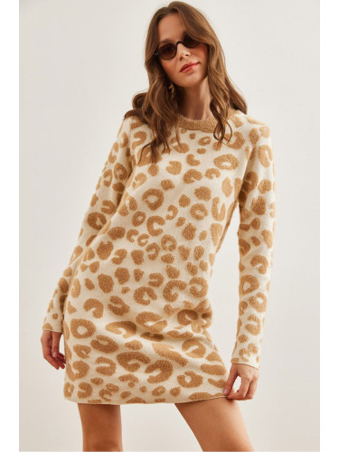 Olalook Women's Camel Leopard Patterned Bearded Soft Texture Knit Tunic Dress