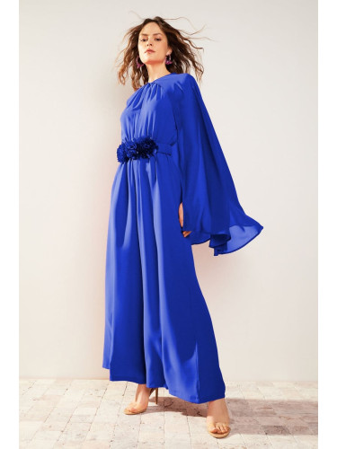 Trendyol Satin Evening Jumpsuit with Flower Belt and Chiffon Cape