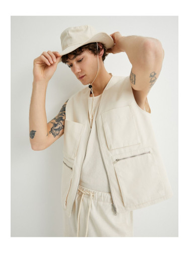 Koton Canvas Vest Sleeveless V-Neck Zippered Flap Pocket Detail