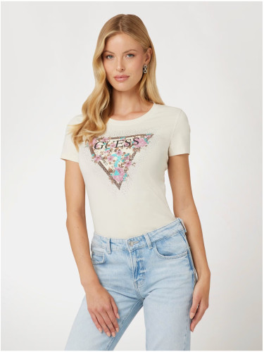 Cream women's T-shirt with Guess logo - Women's