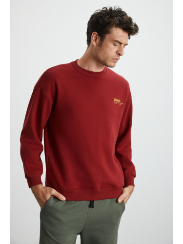 GRIMELANGE Ernest Men's Soft Inside Fleece Print Detailed Organic Cotton Oversize Claret Red Sweatshir