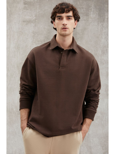 GRIMELANGE John Men's Polo Sweat Shirt Collar Long Back Slit Diagonel Fabric Dark Brown Sweatshir